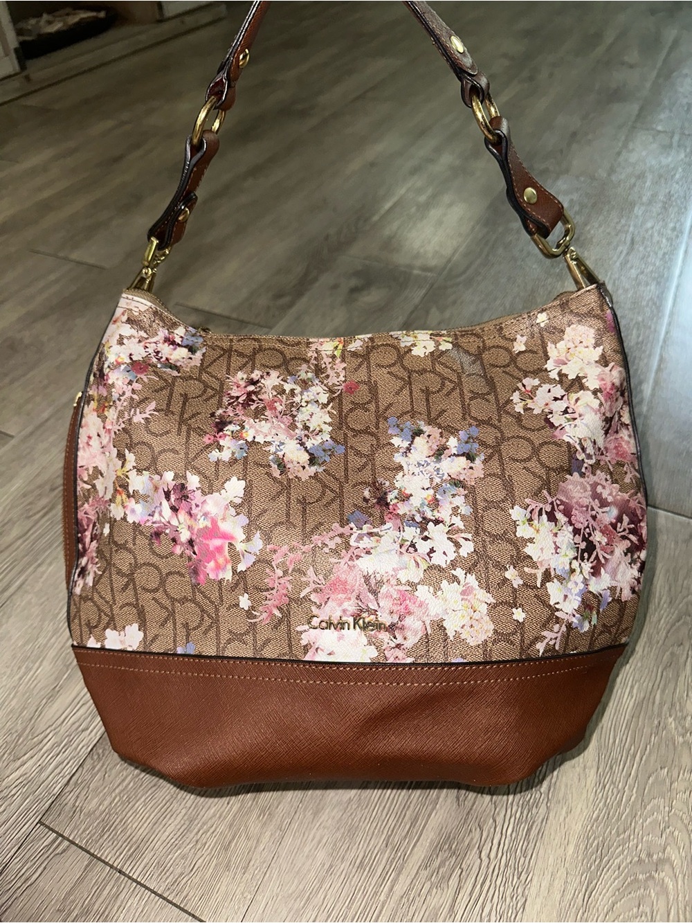 Calvin Klein Floral Faux Leather Satchel Bag Purse